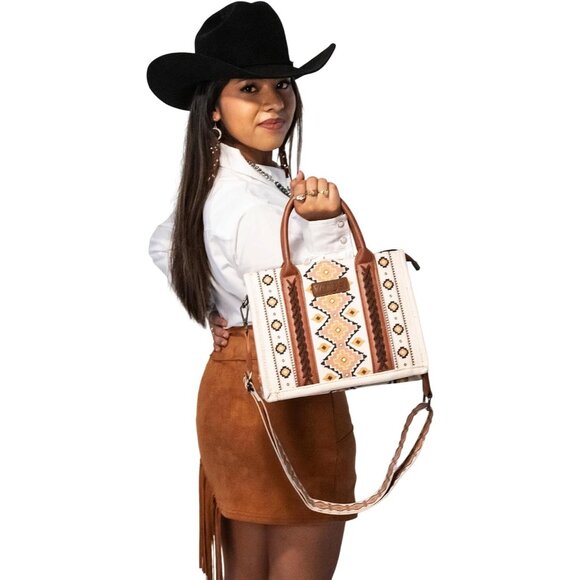 Women White Canvas Cotton Western Shoulder Purses Bohol Aztec Satchel Handbags - Picture 5 of 6